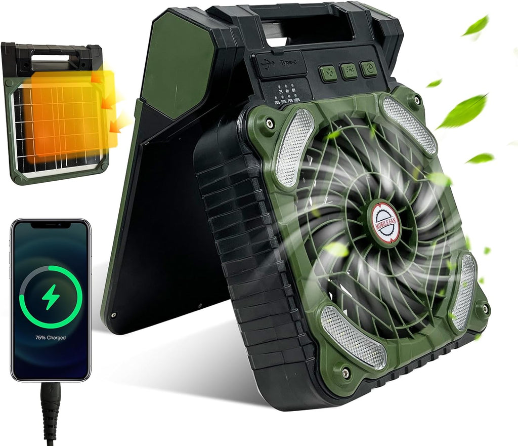 Outdoor Camping Fan with LED Light - Solar Powered, 20800mAh Battery
