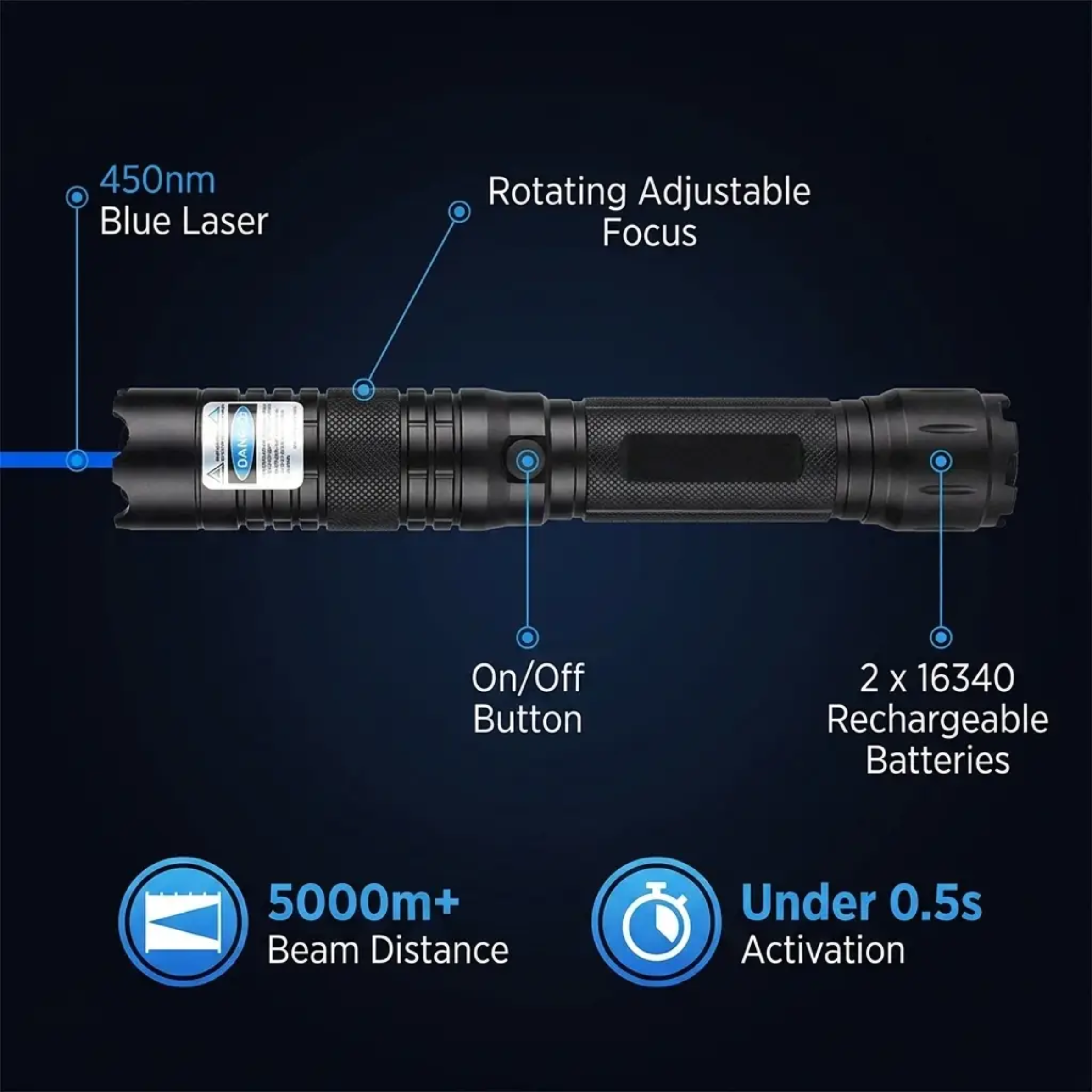 Blue Beam Laser Torch for Outdoor Use - 450nm, 5000m Range, Aluminium, view 3