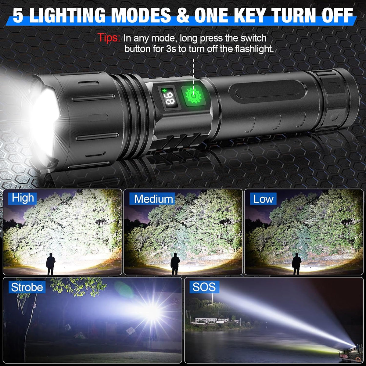 Brightest LED Flashlight 100,000 Lumens for Outdoor - Usb-C, IPX5, 1,000m Range, view 3