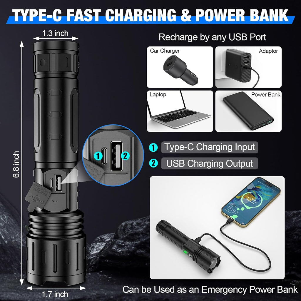 Brightest LED Flashlight 100,000 Lumens for Outdoor - Usb-C, IPX5, 1,000m Range, view 6