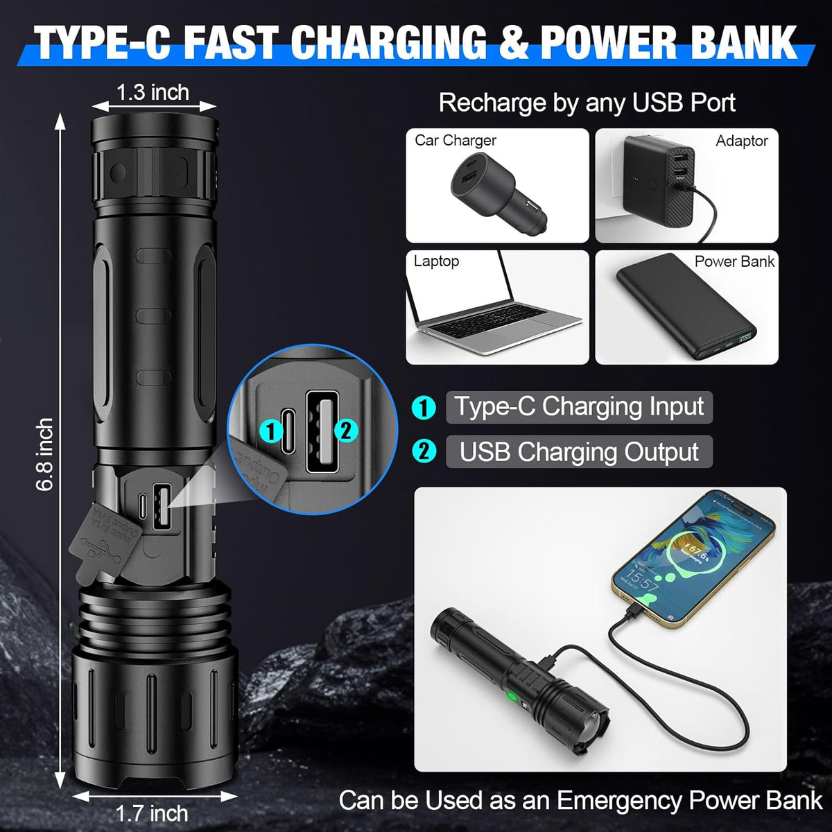 Brightest LED Flashlight 100,000 Lumens for Outdoor - Usb-C, IPX5, 1,000m Range, view 6