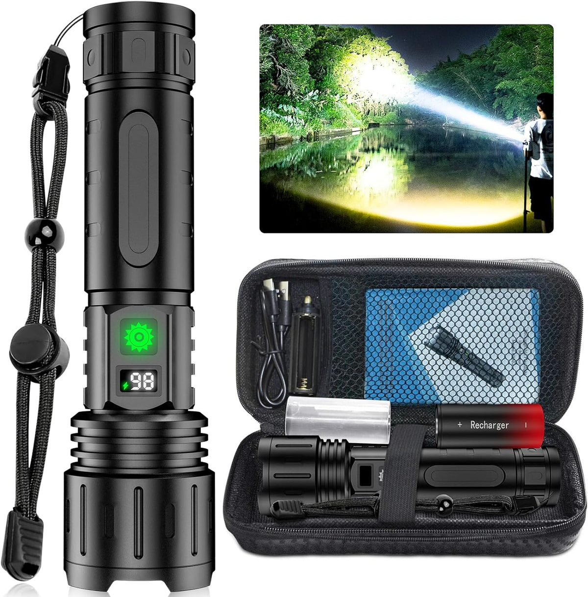 Brightest LED Flashlight 100,000 Lumens for Outdoor - Usb-C, IPX5, 1,000m Range