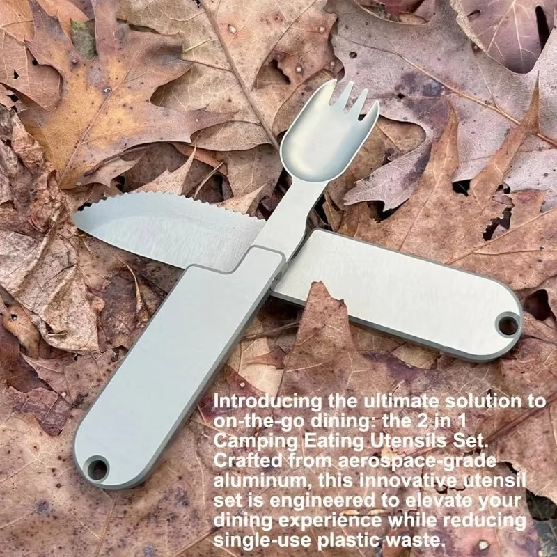 Compact 2-in-1 Camping Cutlery Set - Detachable Knife and Fork, Stainless Steel, view 2