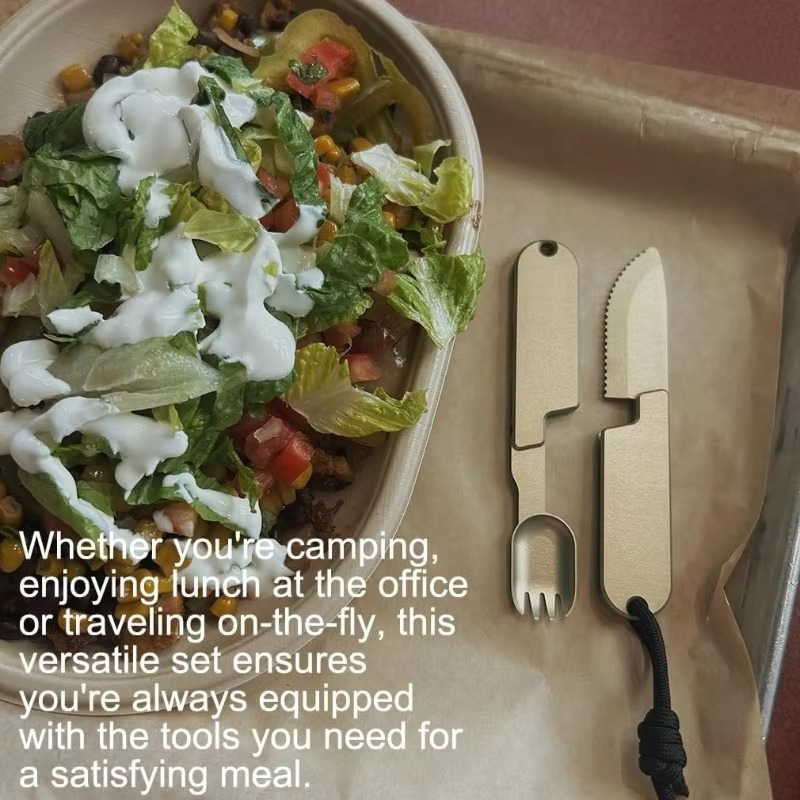 Compact 2-in-1 Camping Cutlery Set - Detachable Knife and Fork, Stainless Steel, view 3