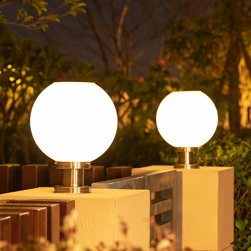 Modern Stainless Steel Globe Fence Post Lighting Fixtures - Frosted Diffuser