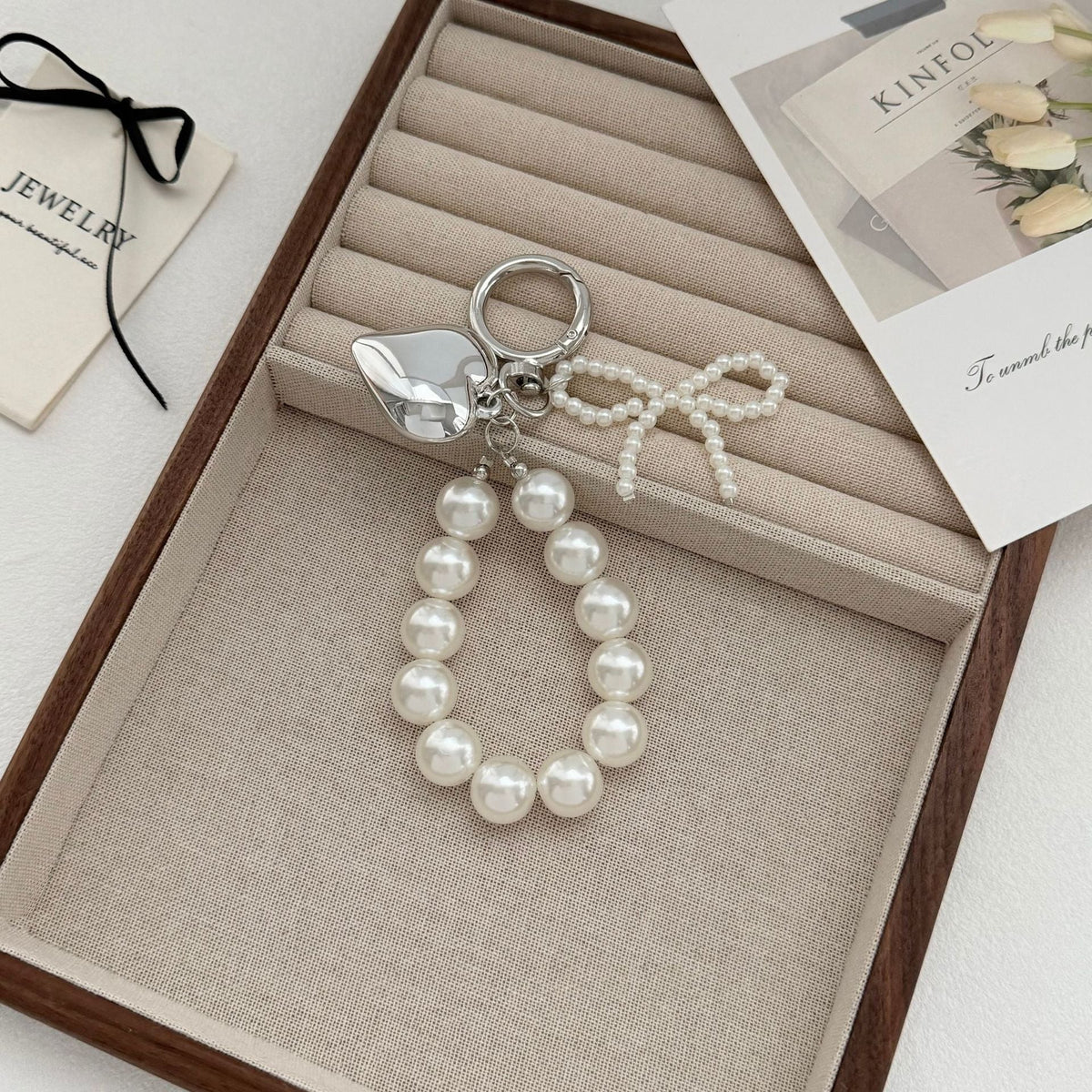 Pearl Charm Keychain with Gold Heart or Silver Colourway