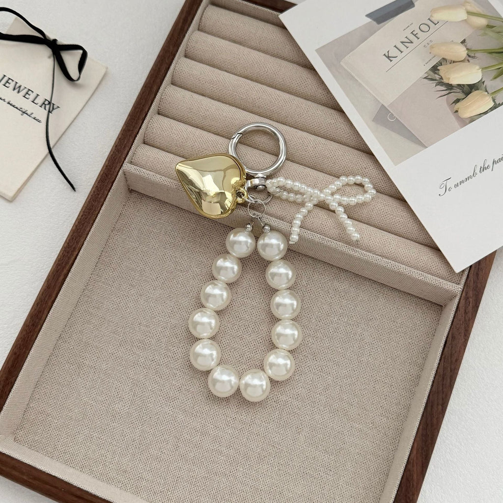 Pearl Charm Keychain with Gold Heart or Silver Colourway