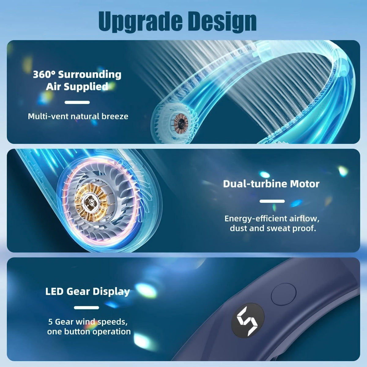 Portable Bladeless Neck Fan - USB Rechargeable, 5 Speeds, Lightweight, view 3