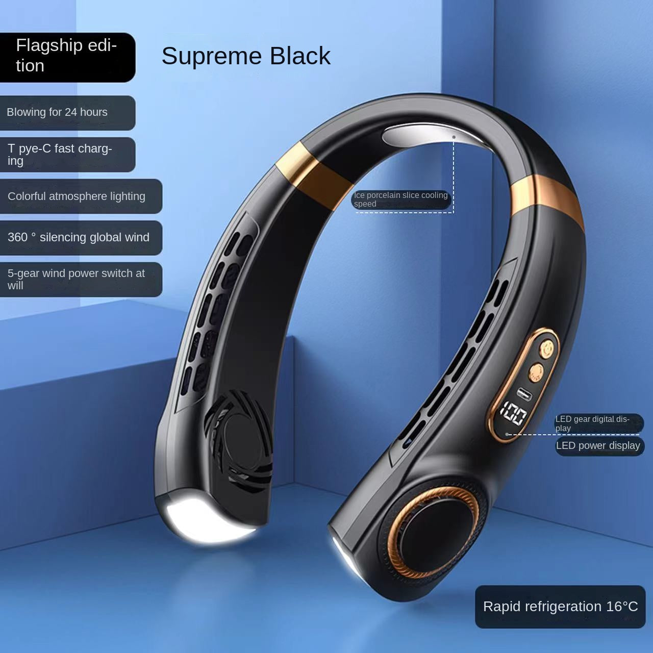 Digital Display Wearable Neck Fan - Battery Powered, 3.7W, 5V, view 6