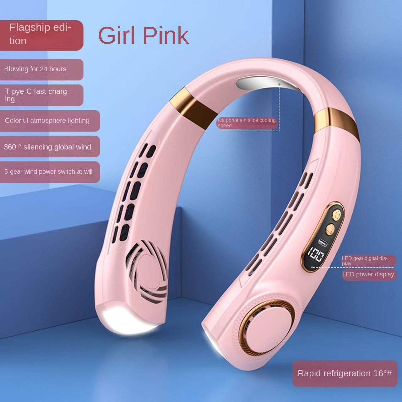 Digital Display Wearable Neck Fan - Battery Powered, 3.7W, 5V, view 7