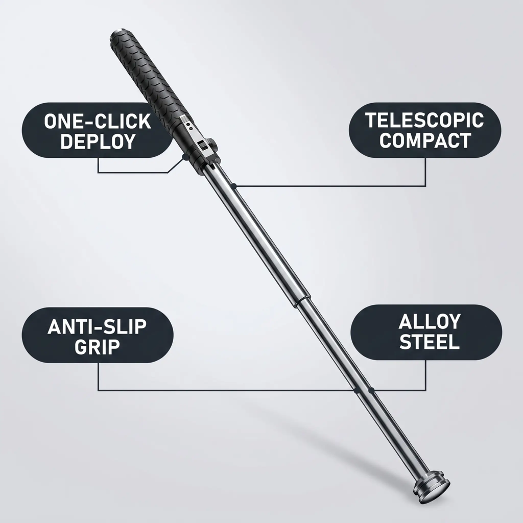 Automatic Self Defense Walking Stick - Alloy Steel, Collapsible, Rubber Grip, view 4