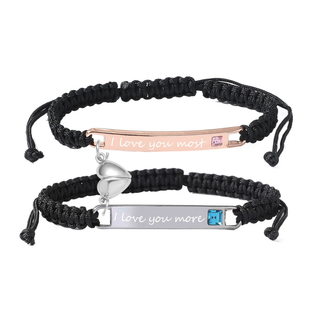 Personalised Magnetic Heart Bracelet Set, Adjustable Black Rope