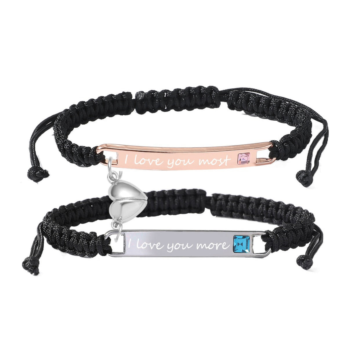 Personalised Magnetic Heart Bracelet Set, Adjustable Black Rope