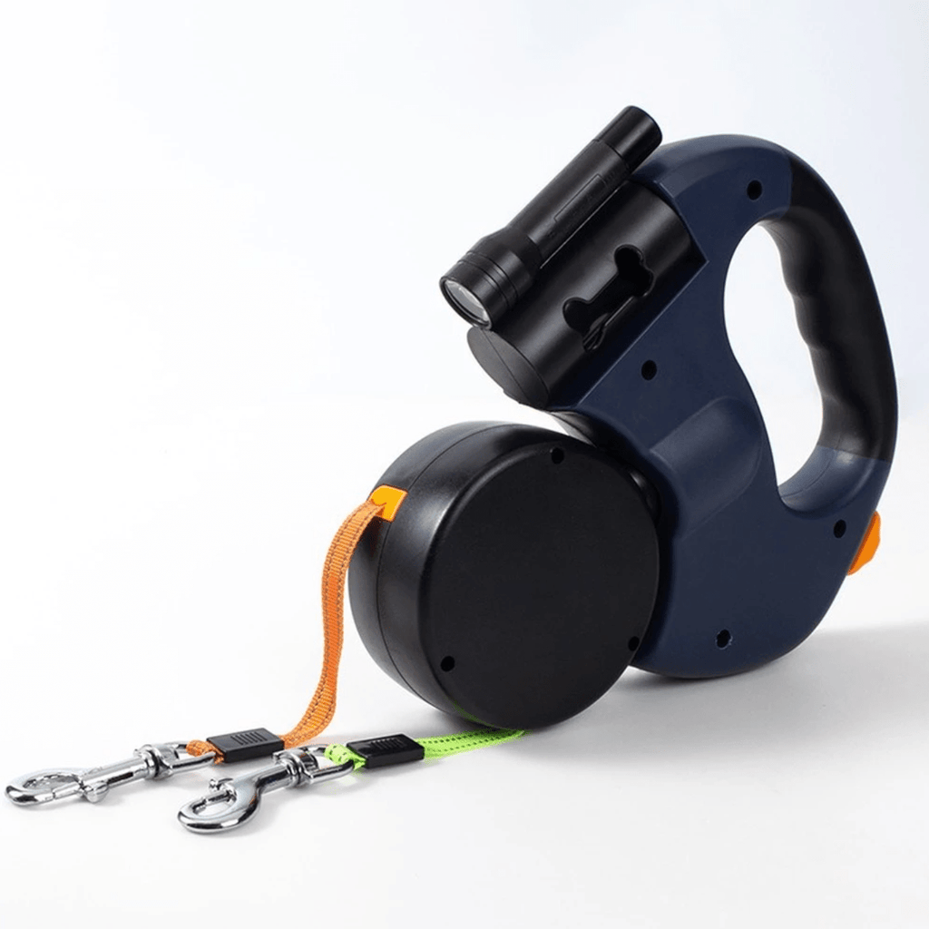 Retractable Dual Dog Lead for Two Dogs - 4m Extendable, Built-in Torch