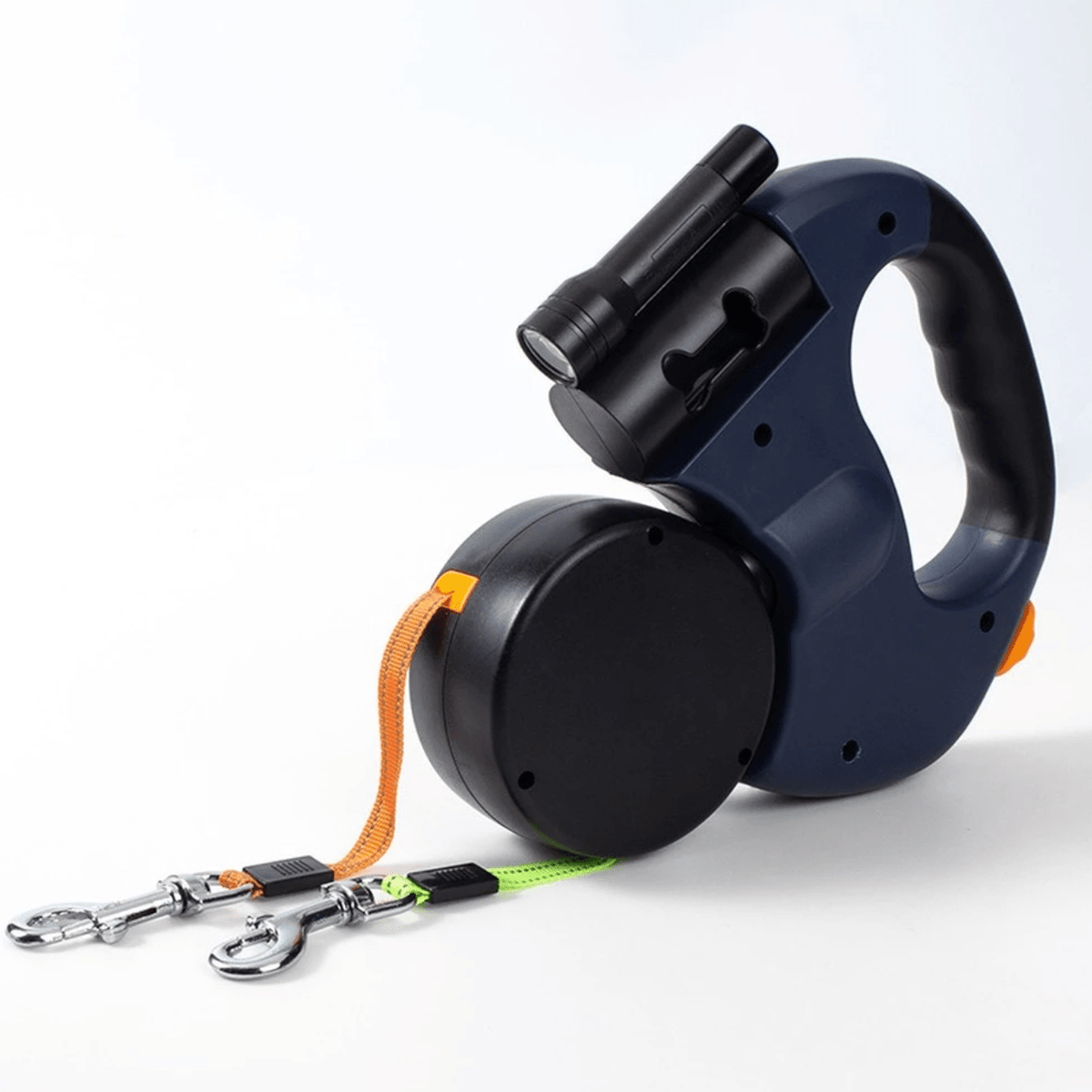 Retractable Dual Dog Lead for Two Dogs - 4m Extendable, Built-in Torch