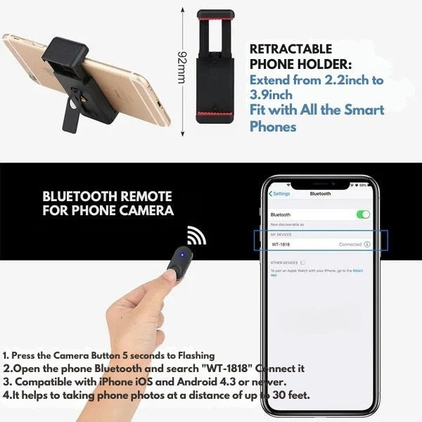 Extendable Phone Tripod with Bluetooth Remote - 140cm, Aluminium Alloy, view 5