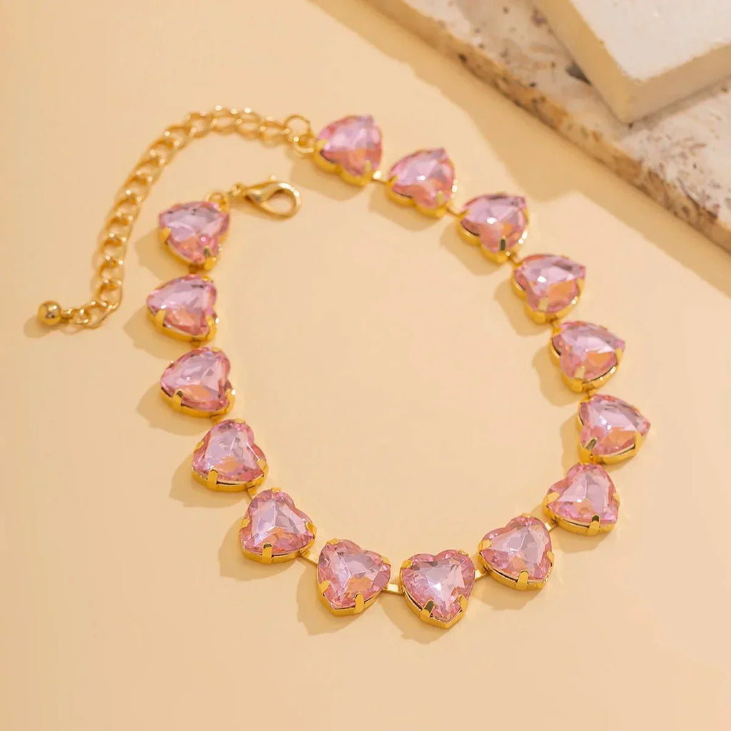 Pink Zircon Heart Choker Necklace in Gold Tone, 25cm with 15cm Extender