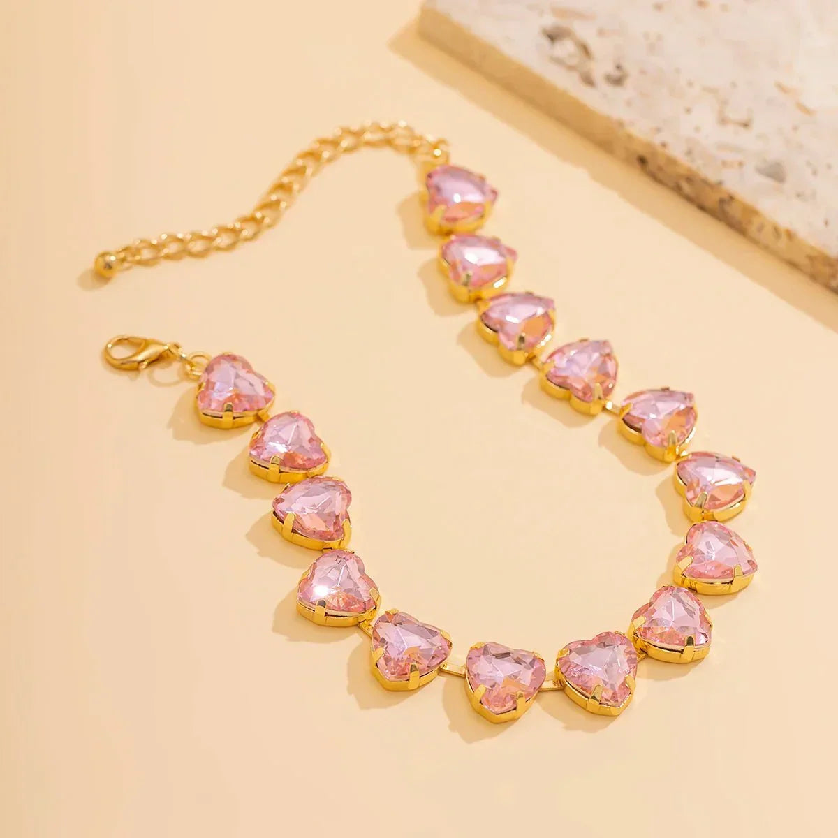 Pink Zircon Heart Choker Necklace in Gold Tone, 25cm with 15cm Extender