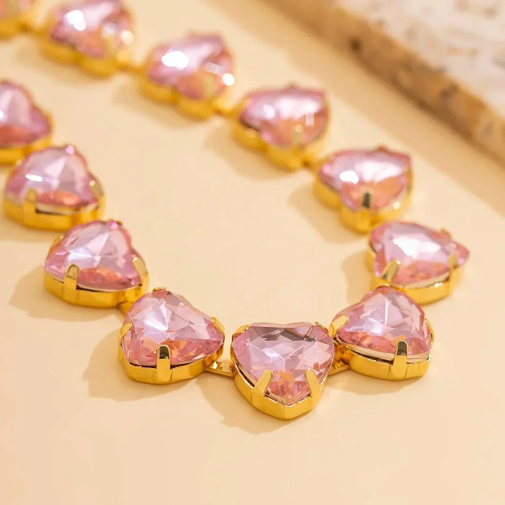 Pink Zircon Heart Choker Necklace in Gold Tone, 25cm with 15cm Extender