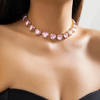 Pink Zircon Heart Choker Necklace in Gold Tone, 25cm with 15cm Extender