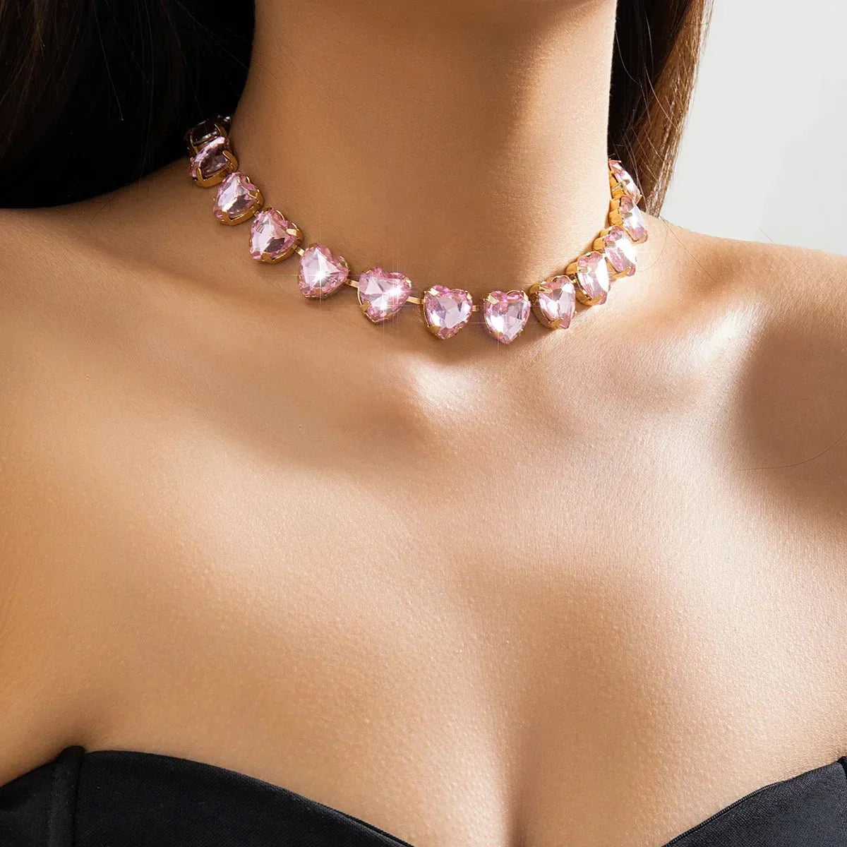 Pink Zircon Heart Choker Necklace in Gold Tone, 25cm with 15cm Extender