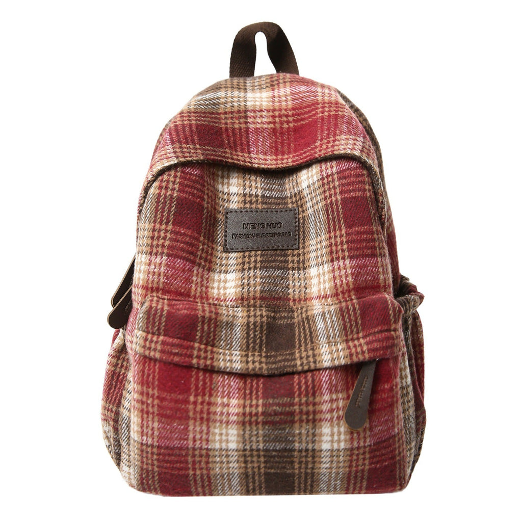 Plaid School Backpack with Padded Straps and Leather-Like Accents