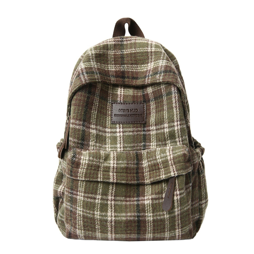 Plaid School Backpack with Padded Straps and Leather-Like Accents