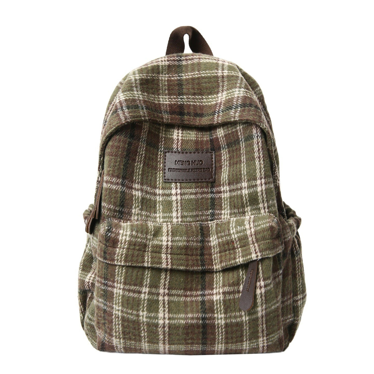 Plaid School Backpack with Padded Straps and Leather-Like Accents