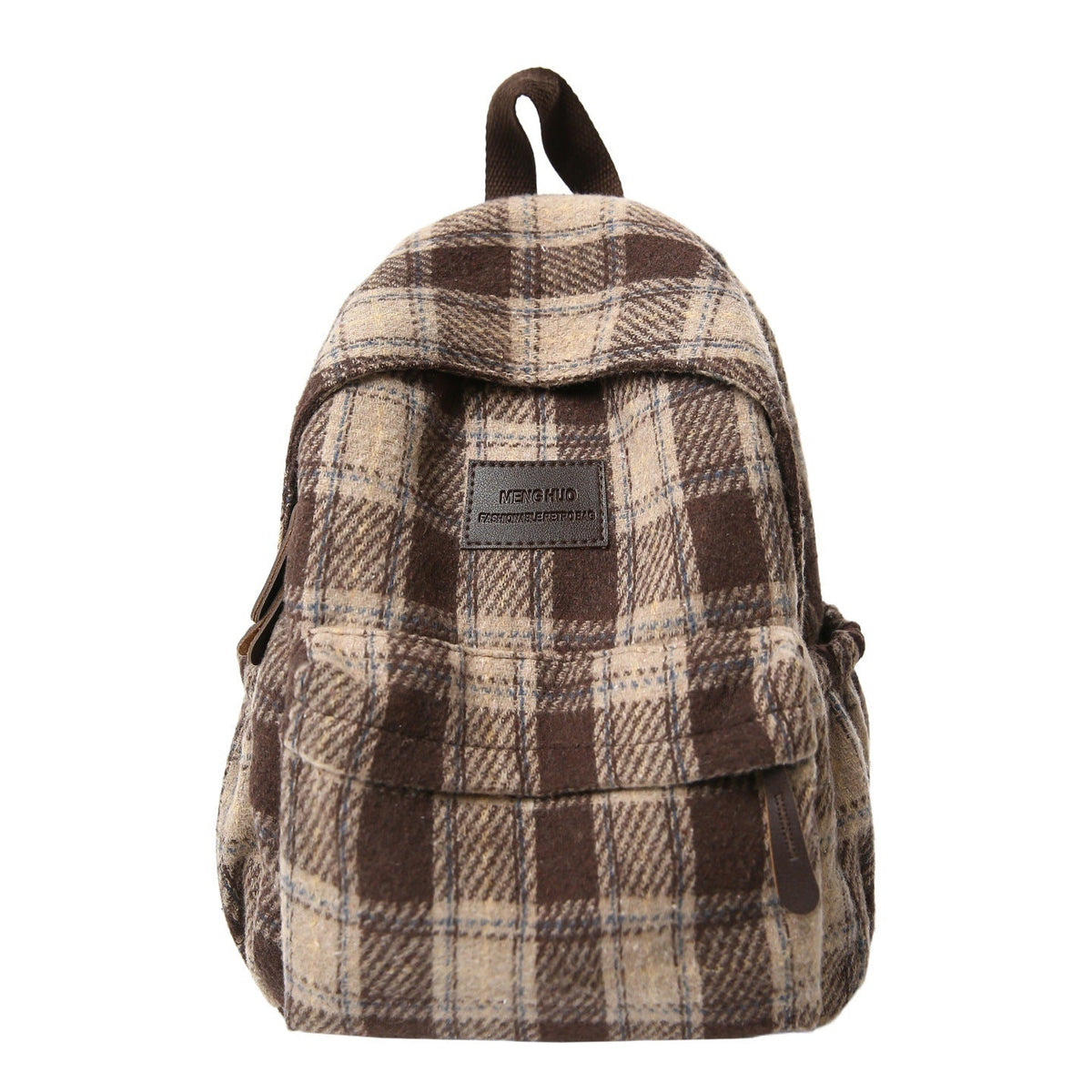 Plaid School Backpack with Padded Straps and Leather-Like Accents