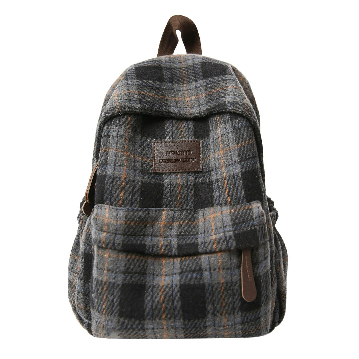 Plaid School Backpack with Padded Straps and Leather-Like Accents