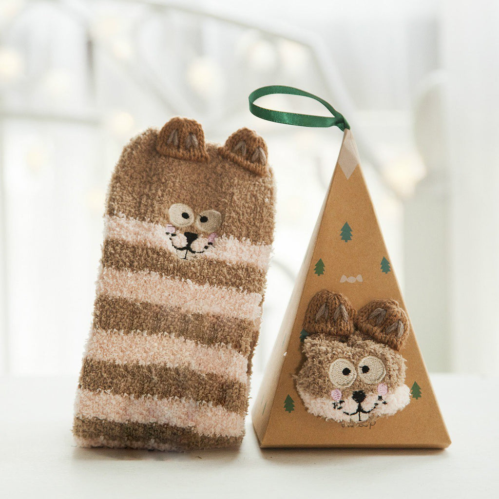 Plush Coral Fleece Christmas Socks with Gift Box