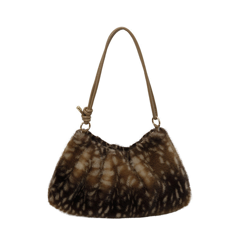 Plush Faux Fur Shoulder Bag with Spacious Interior, Adjustable Strap and Charm
