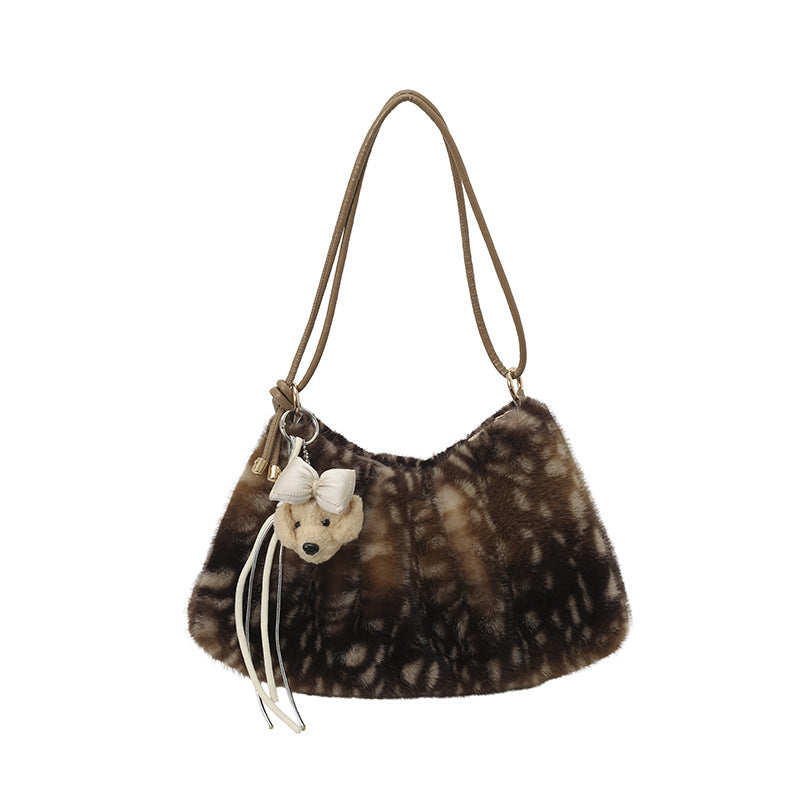 Plush Faux Fur Shoulder Bag with Spacious Interior, Adjustable Strap and Charm