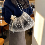 Plush Faux Fur Shoulder Bag with Spacious Interior, Adjustable Strap and Charm