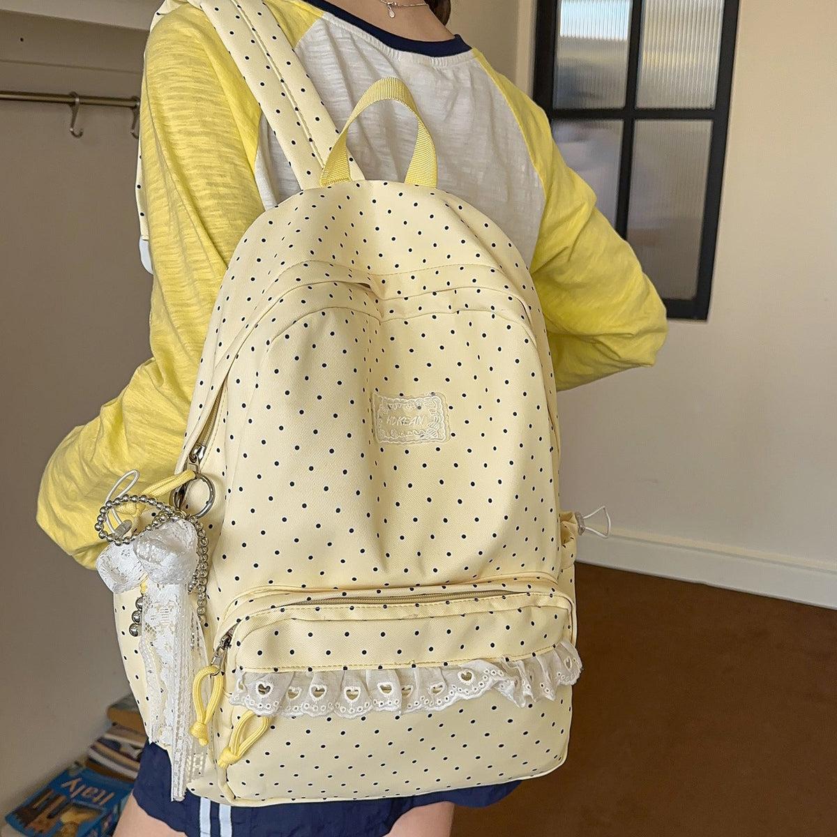 Polka Dot Patterned Backpack with Padded Adjustable Straps
