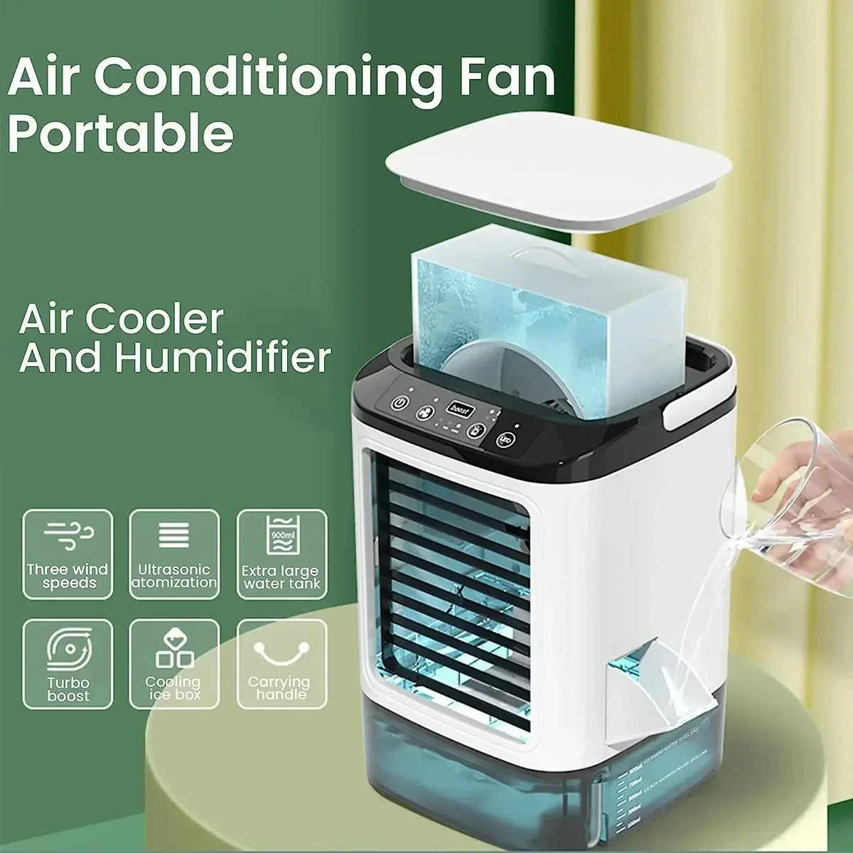 Portable Mini Electric Fan and Humidifier, 3-Speed, 900ML Water Tank