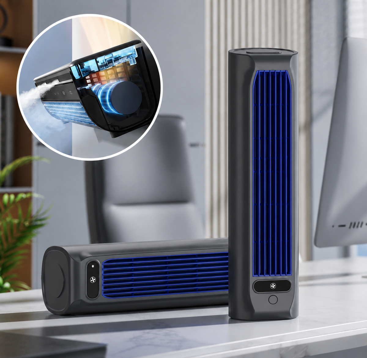 Portable Rechargeable Bladeless Fan for Desk or Wall Mounting