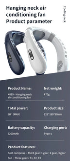 Portable Rechargeable Neck Fan, 5200mAh, Personal Outdoor Cooling