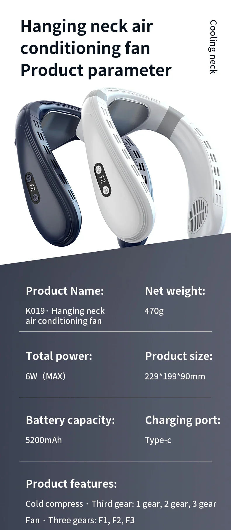 Portable Rechargeable Neck Fan, 5200mAh, Personal Outdoor Cooling