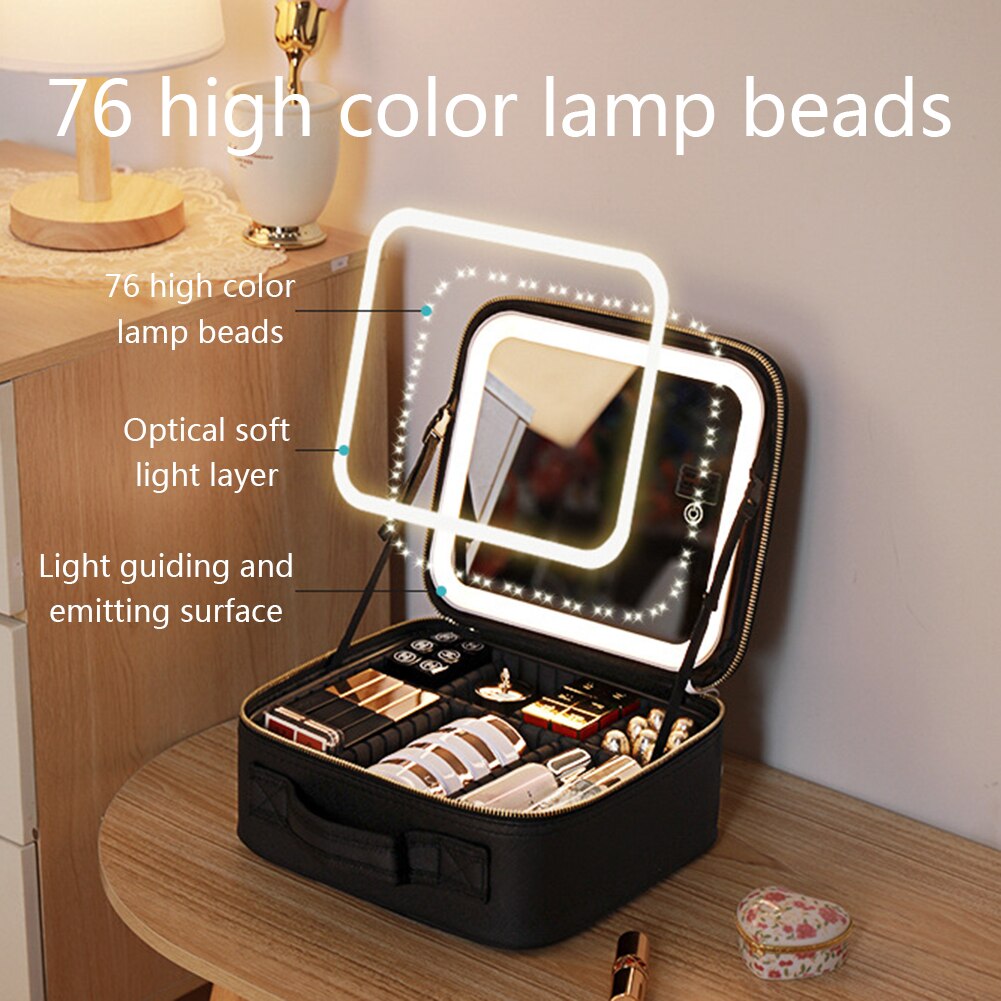 Portable Travel Makeup Case with LED Light, Mirror and Vegan Leather