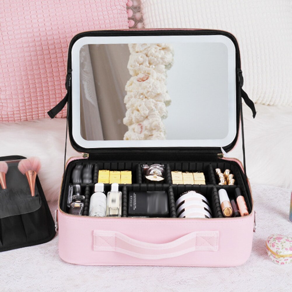 Portable Travel Makeup Case with LED Light, Mirror and Vegan Leather