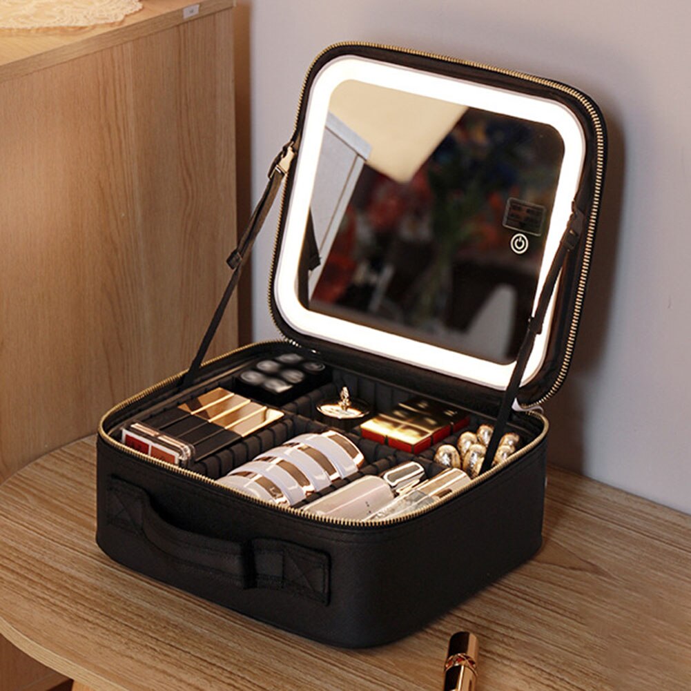 Portable Travel Makeup Case with LED Light, Mirror and Vegan Leather