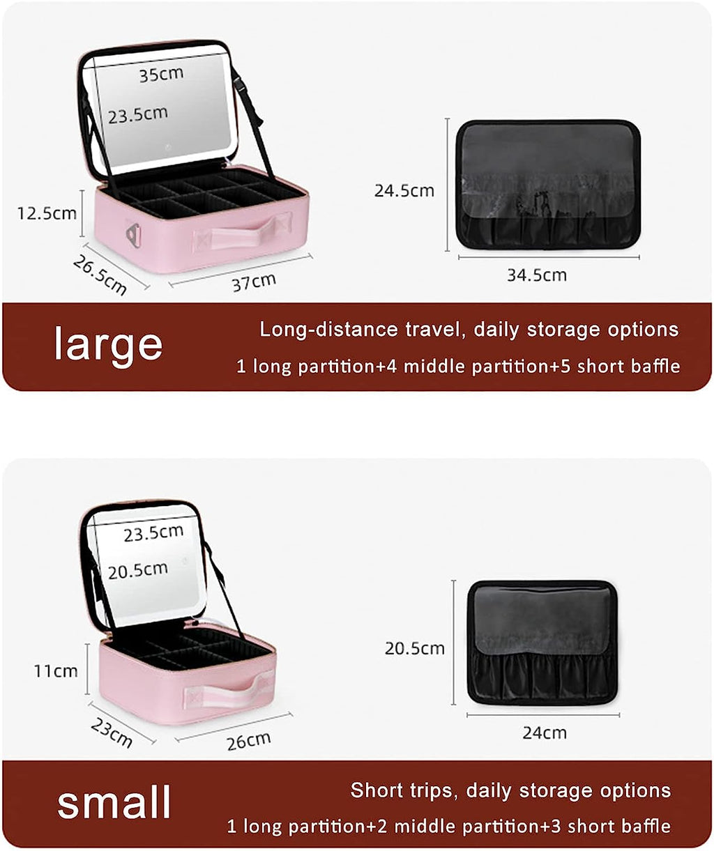 Portable Travel Makeup Case with LED Light, Mirror and Vegan Leather