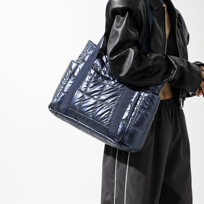 Puffer Tote Bag with Metallic Finish and Multiple Pockets