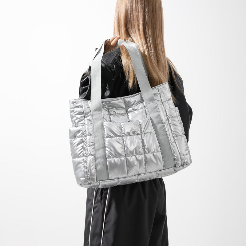 Puffer Tote Bag with Metallic Finish and Multiple Pockets