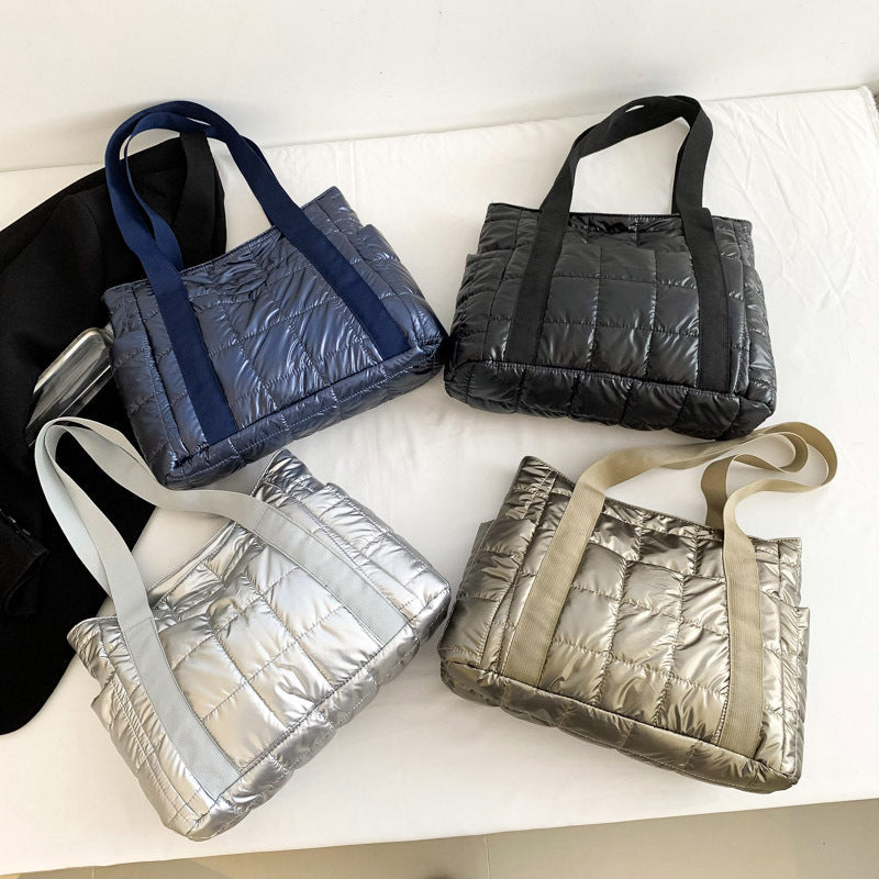Puffer Tote Bag with Metallic Finish and Multiple Pockets