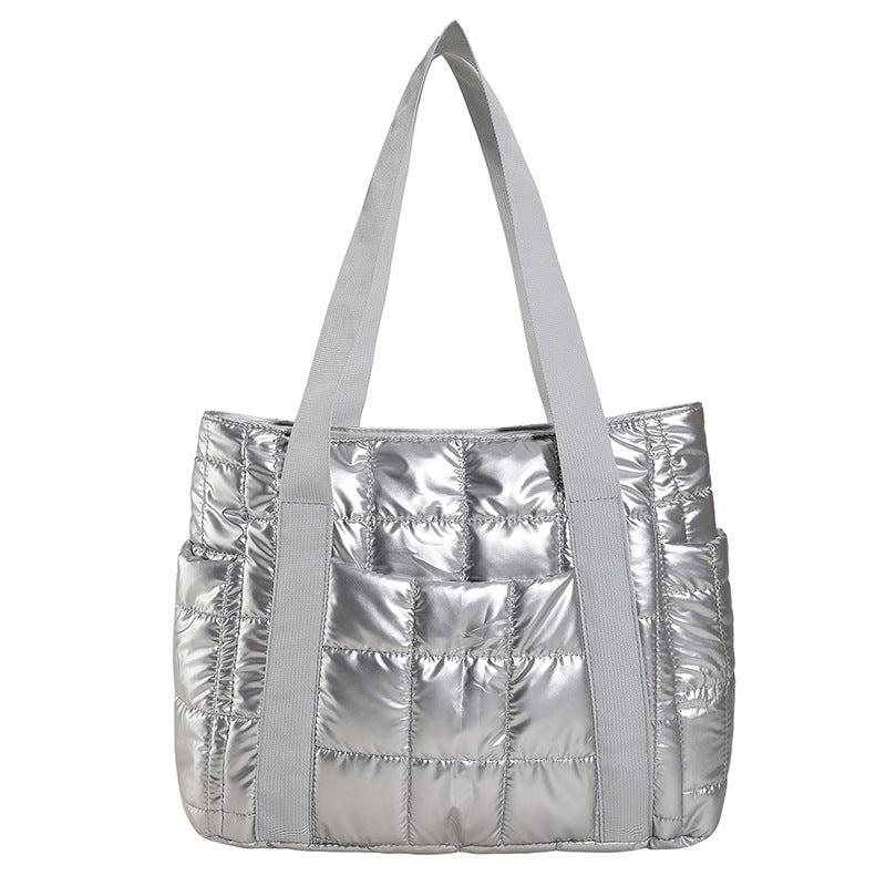 Puffer Tote Bag with Metallic Finish and Multiple Pockets