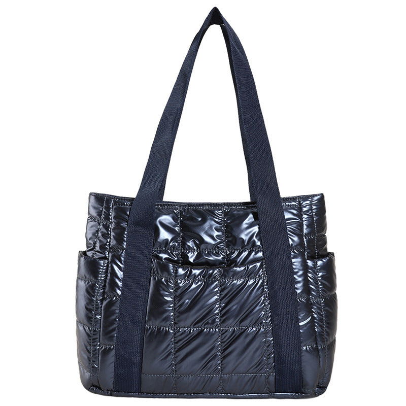 Puffer Tote Bag with Metallic Finish and Multiple Pockets