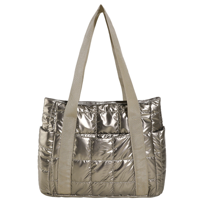 Puffer Tote Bag with Metallic Finish and Multiple Pockets