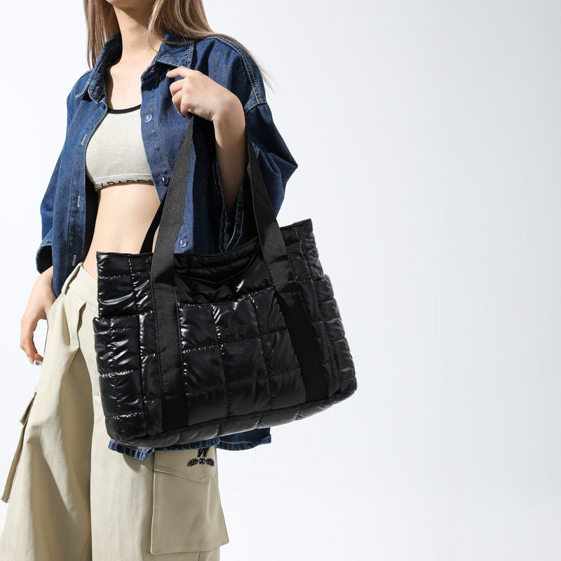 Puffer Tote Bag with Metallic Finish and Multiple Pockets